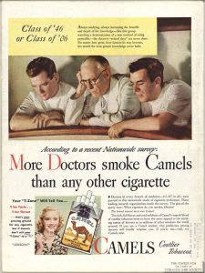 Anuncio de Cigarrillos camellos que dice que más médicos fuman camellos que cualquier otro cigarrillo.