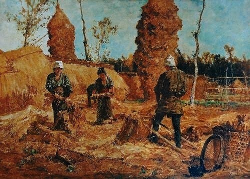 Three people gathering and harvesting crops