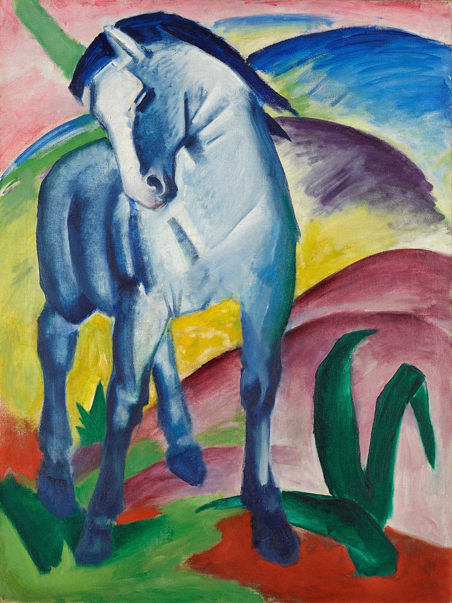 A blue horse against a colored landscape