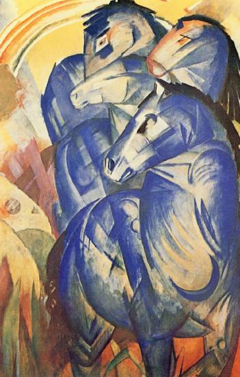 Multiple blue horses in a colored landscape