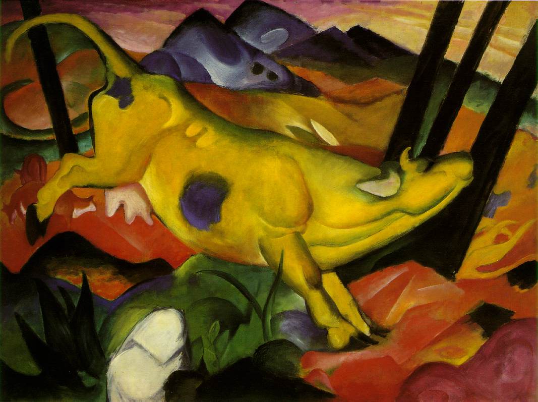 A yellow cow with blue spots in a colored landscape
