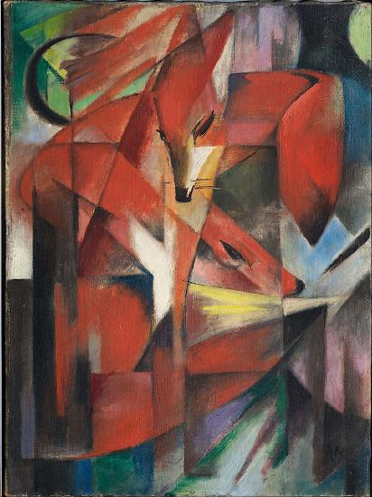 Two red foxes in a multi colored landscape