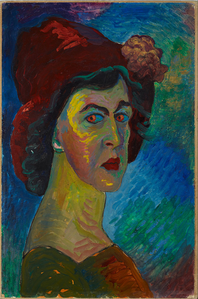 A woman in a red hat painted with dark colors