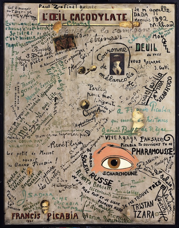 A composition of words, an eye, and a mans head