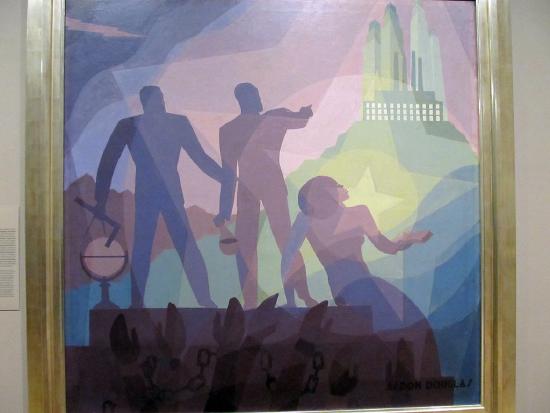 A green and purple painting of a stage with two men and a woman singing