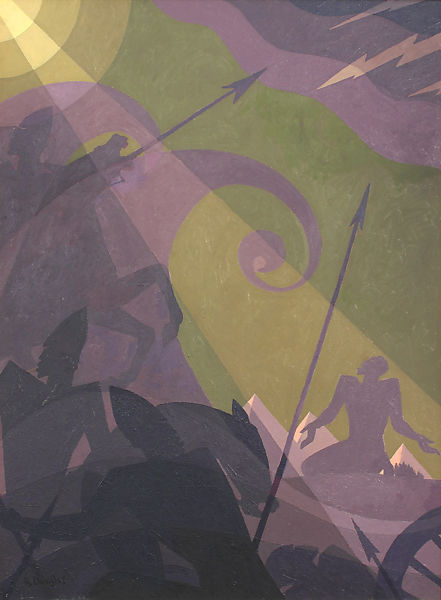 Purple and green painting of people and swords