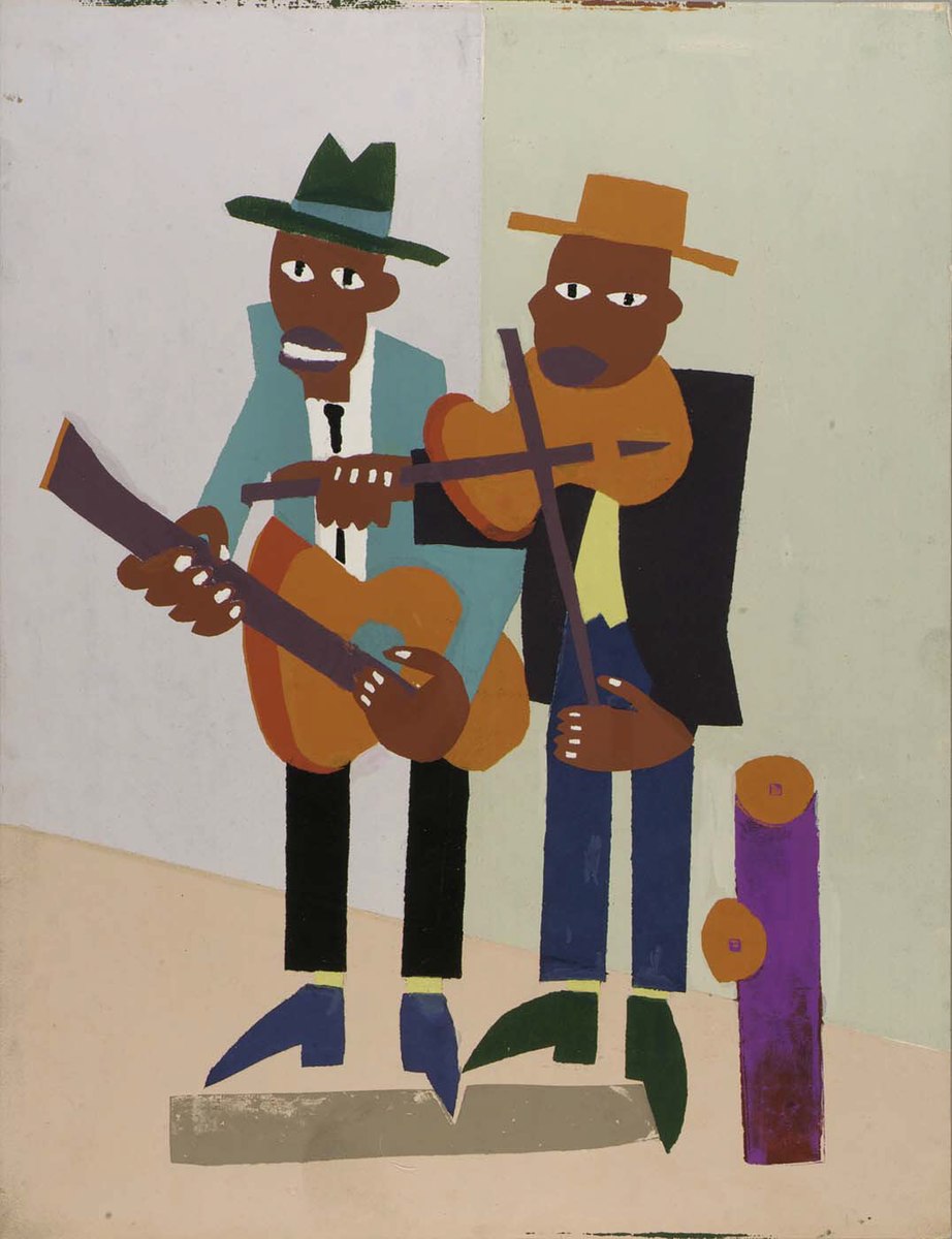 Two men playing instruments painted with colorful paint