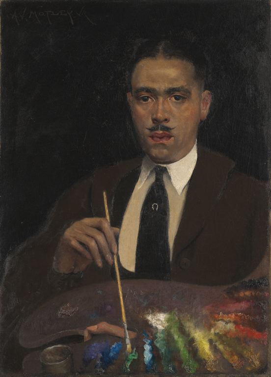 A portrait of a painter holding a paint brush and an easel
