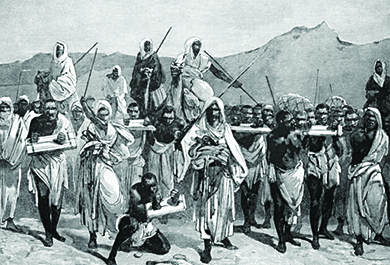 Une illustration montre des commerçants transportant un groupe d'esclaves, qui sont liés par le cou et attachés aux poignets.