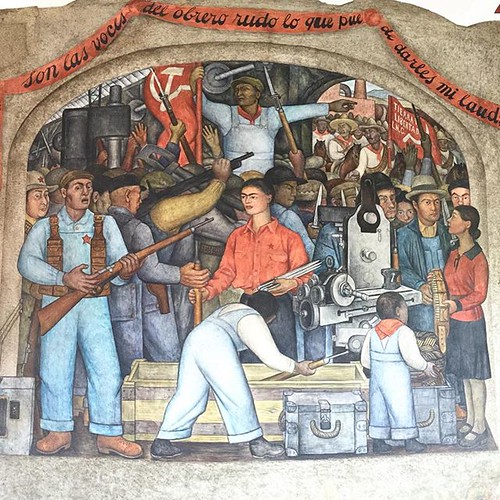 A mural with several people and a lot of guns