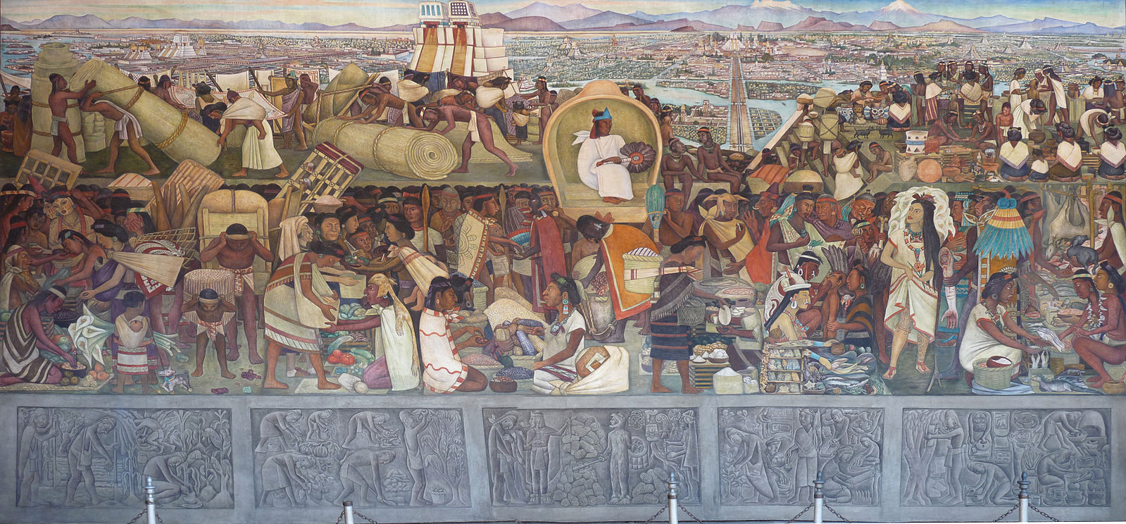 Tenochtitlan mural with people working in the foreground depicting the culture and jobs of the people