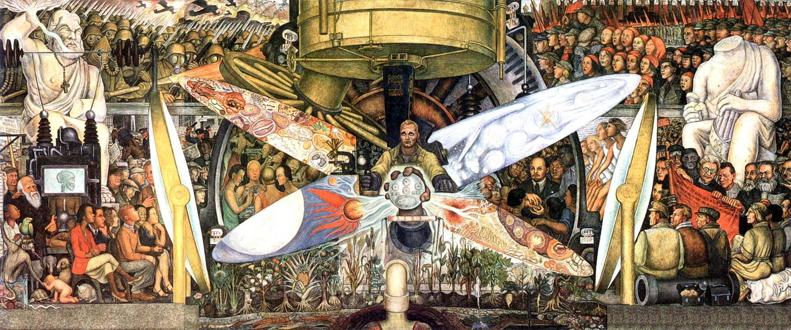 A large mural with many people and a man in the center with large wings
