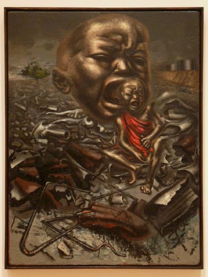 A painting in mostly browns and red with a baby trying to eat another baby