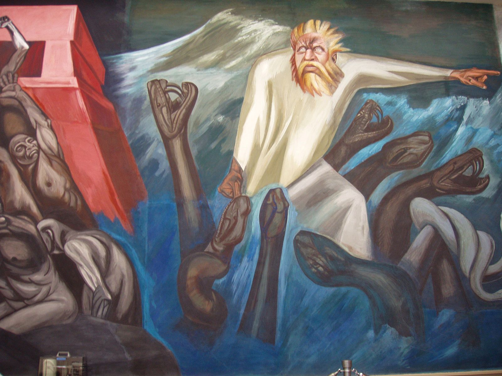 A mural with a large man in white surrounded by snake heads and people fleeing
