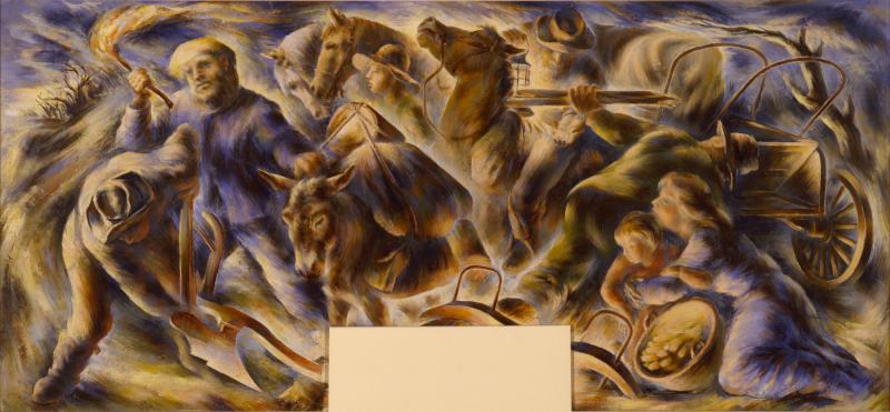 A mural of a group of settlers with horses and wagons