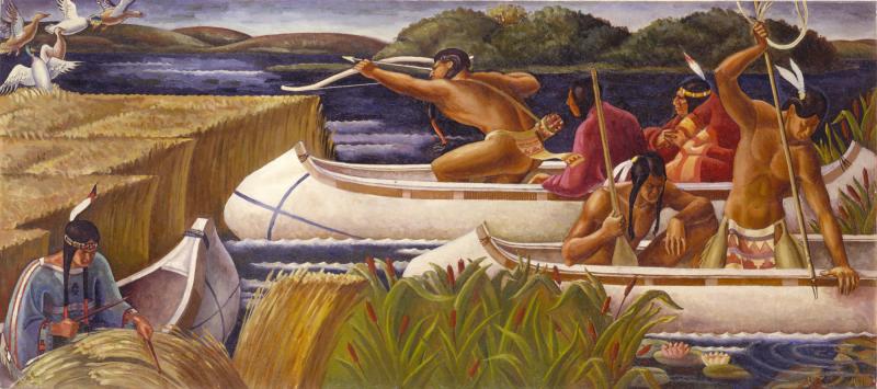 Men and women in canoes on the water hunting water fowl