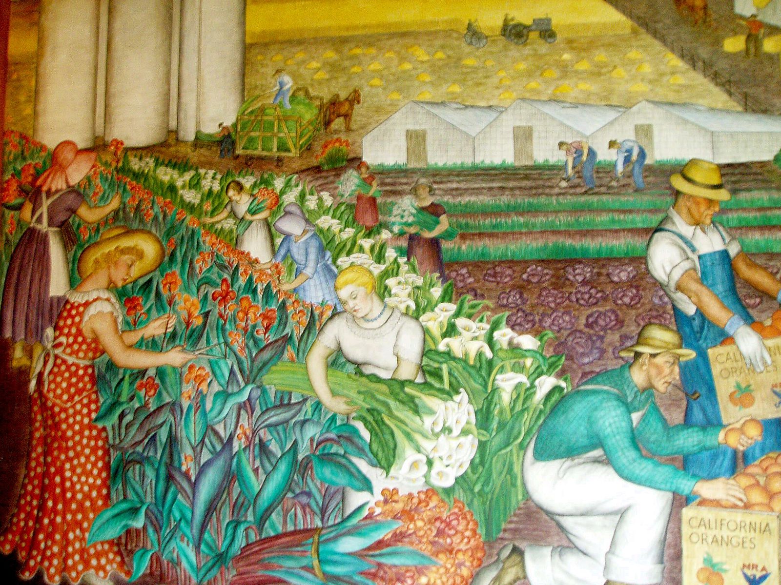 Mural of men and women working the flower crops in a field