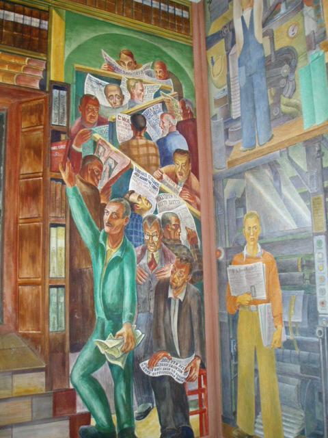 Mural of a library with people reading the news paper and books