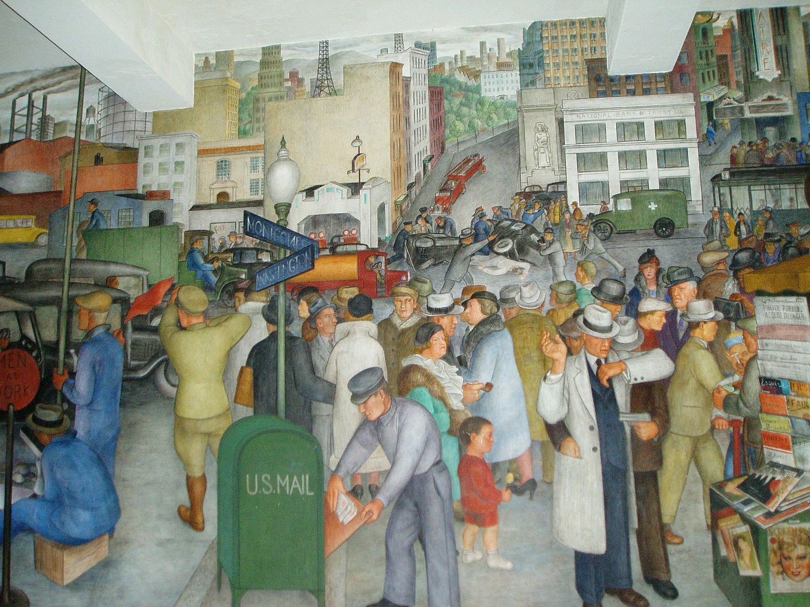 Mural of city streets in San Francisco with several people buying food, goods and picking up mail