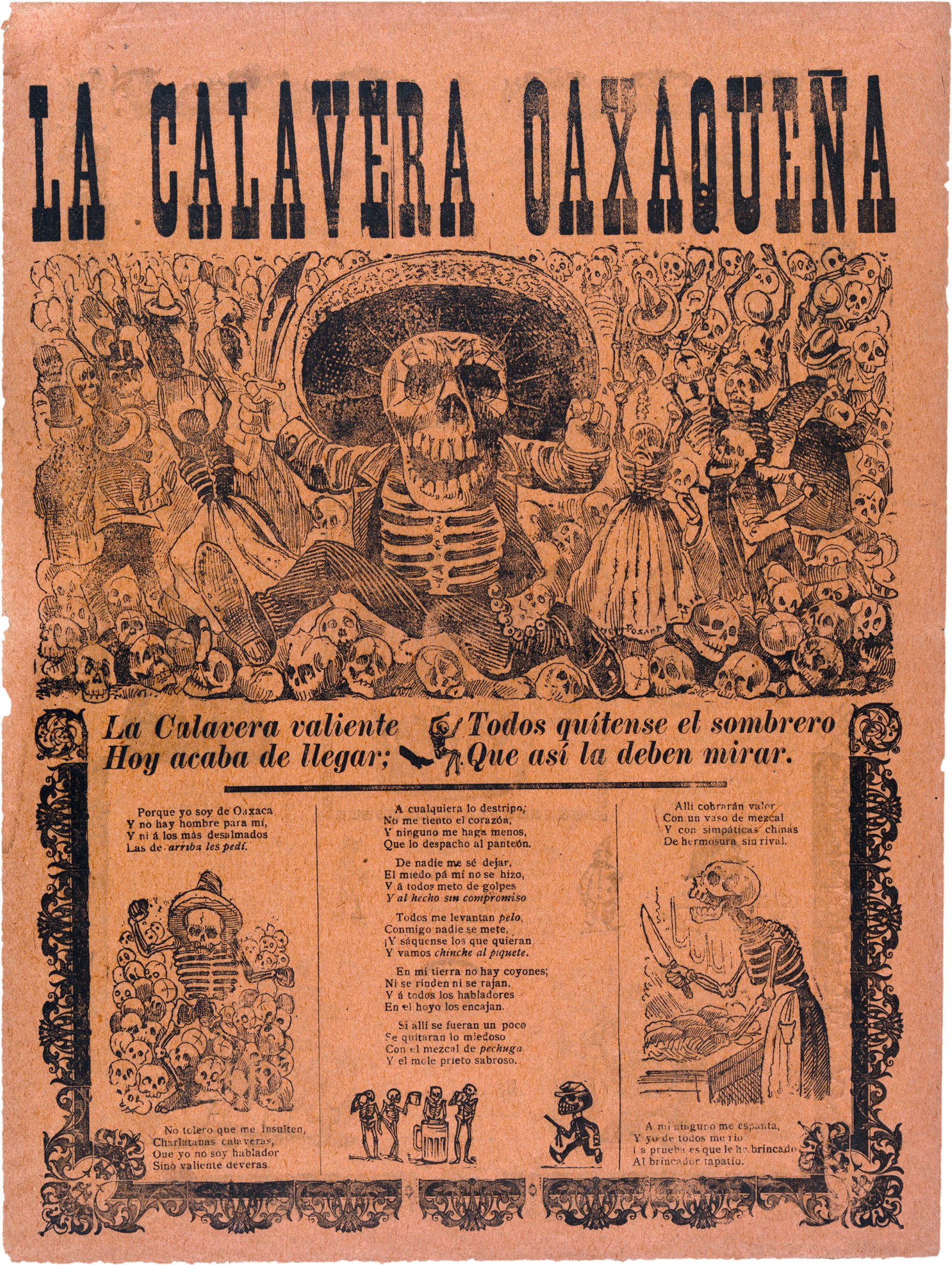 A poster of skeletons black ink on orange paper