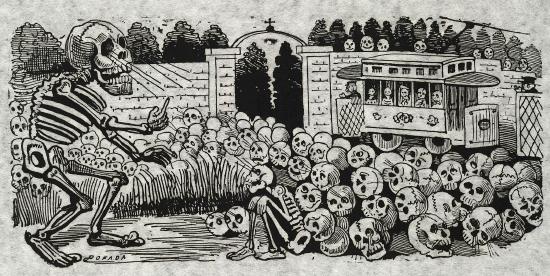 Many skeletons on the street with a street car full of skeletons