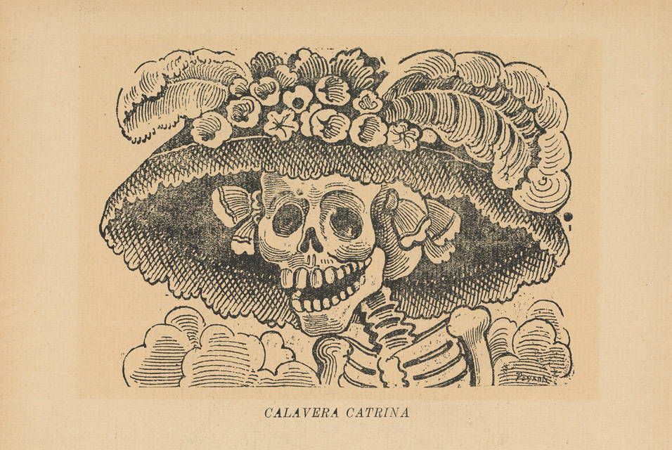 A skeleton with a floral hat on its head