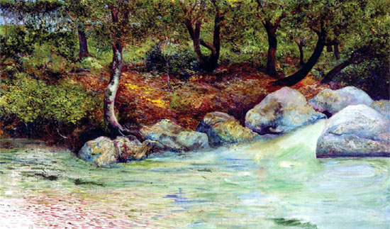 A landscape painting of a small lake and trees