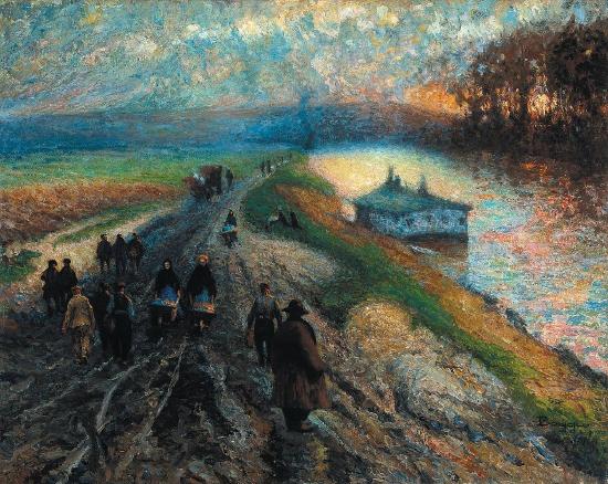A night sky with people walking on the dike towards home