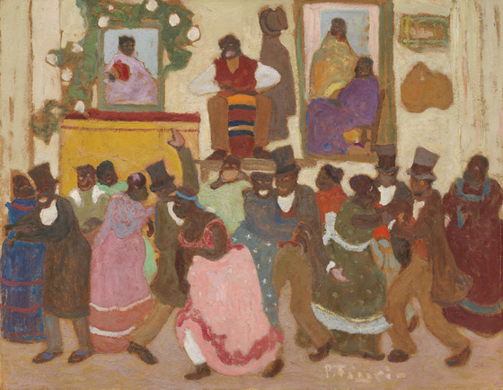 People dancing in colorful dresses in a large home