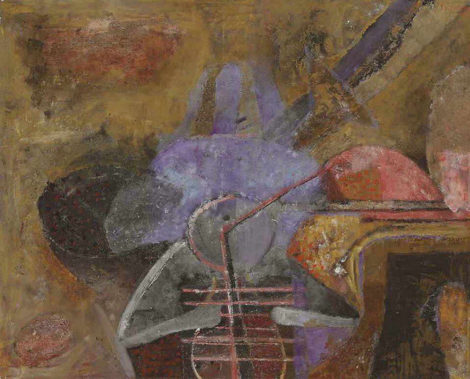 Muted colors of shapes and a violin in the foreground