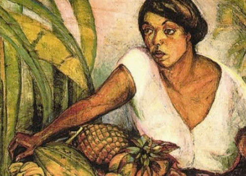 A portrait of a young woman wearing a white shirt with a pineapple