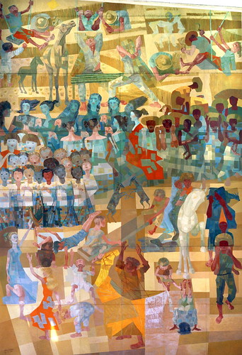 Colorful painting of several people doing different activities