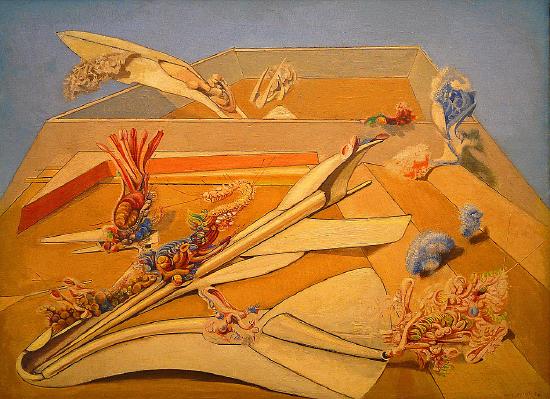 Mostly yellow with a blue sky with many shapes which are unrecognizable