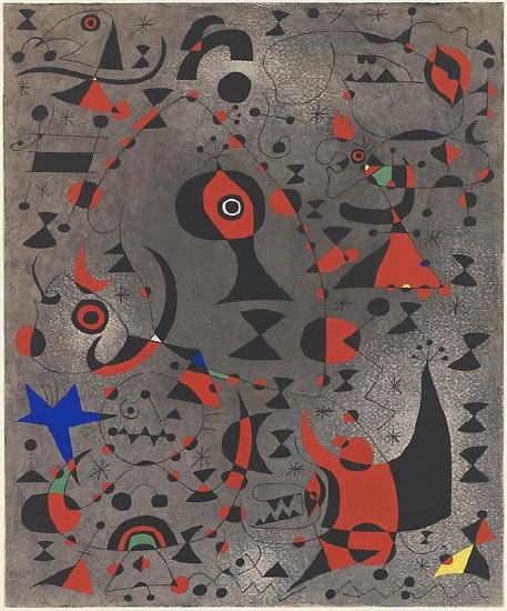 Mostly grey with red and black  shapes which are unrecognizable