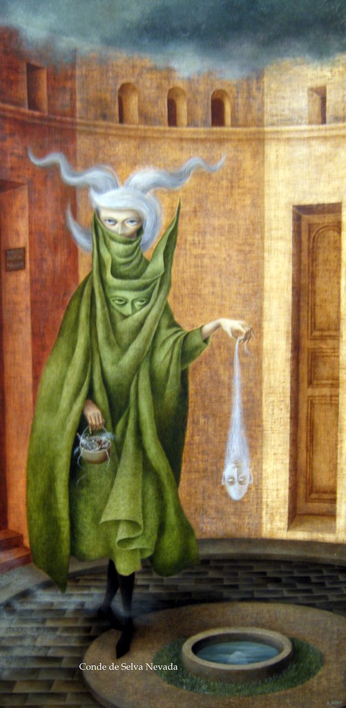 Una mujer con una capa verde sosteniendo una cabeza blanca sobre una cisterna de agua dentro de un castillo