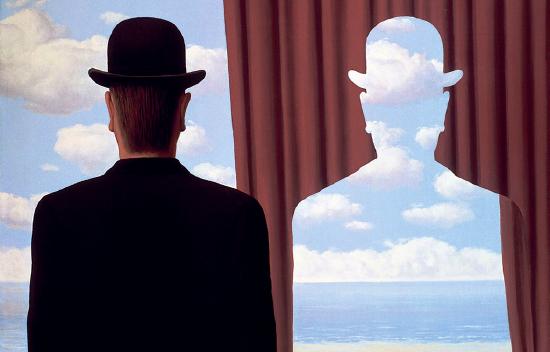 A man in a black hat and coat in front of window and a cutout of a man in the pink drapes