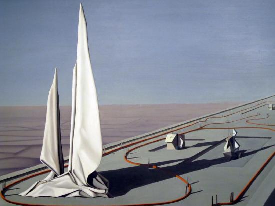 A landscape with two large tall white draped structures