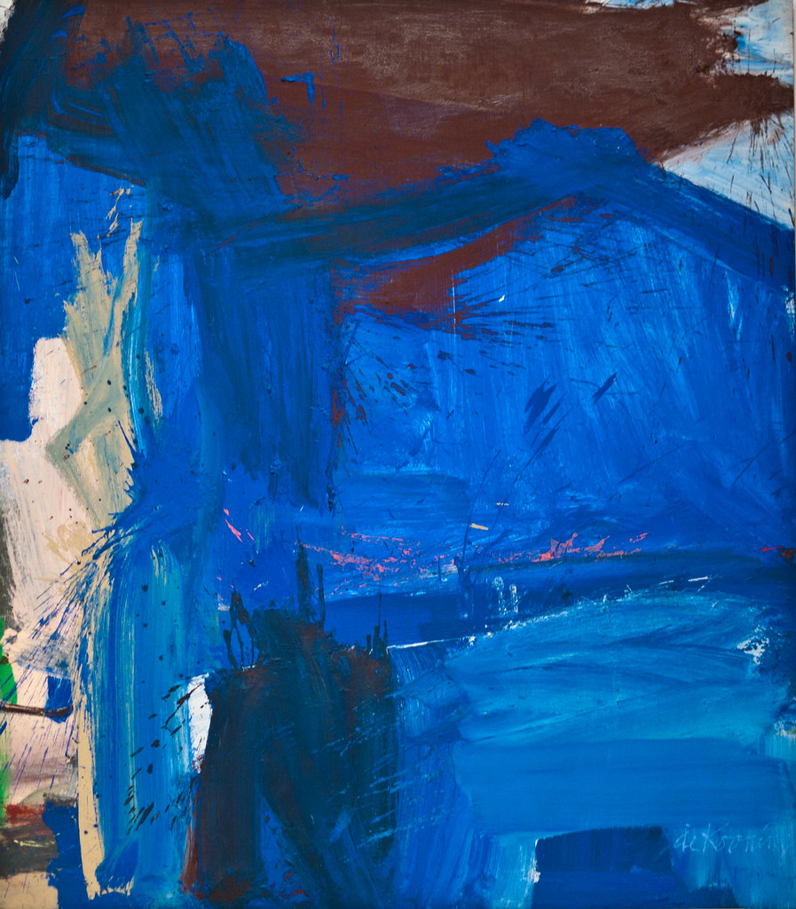 A painting of multiple colors of predominantly blue with multiple brush strokes