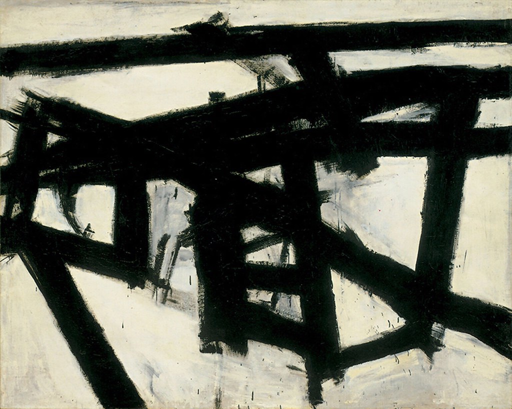 A painting of black and white colors with multiple brush strokes