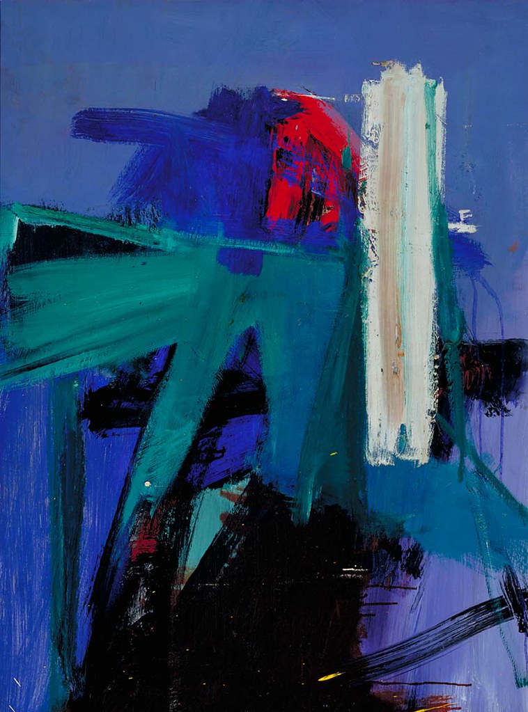 A painting of multiple colors predominantly blues with multiple brush strokes