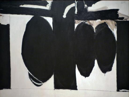 A black and white painting of stripes and ovals