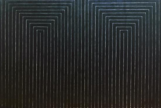 A black painting with white geometric lines