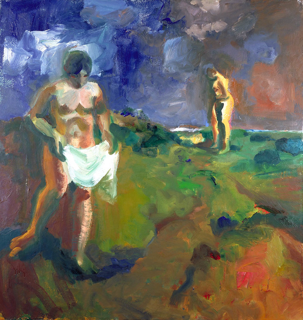 two nude women standing outside with white towels