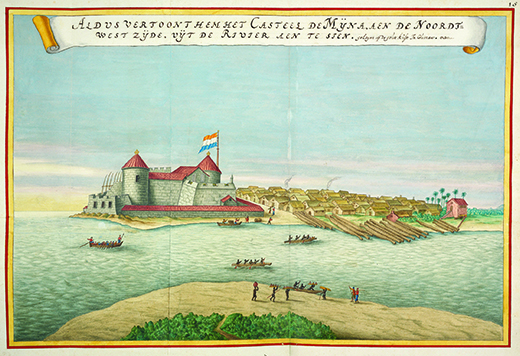 Uma pintura mostra o Castelo de Elmina, que está hasteando a bandeira holandesa.