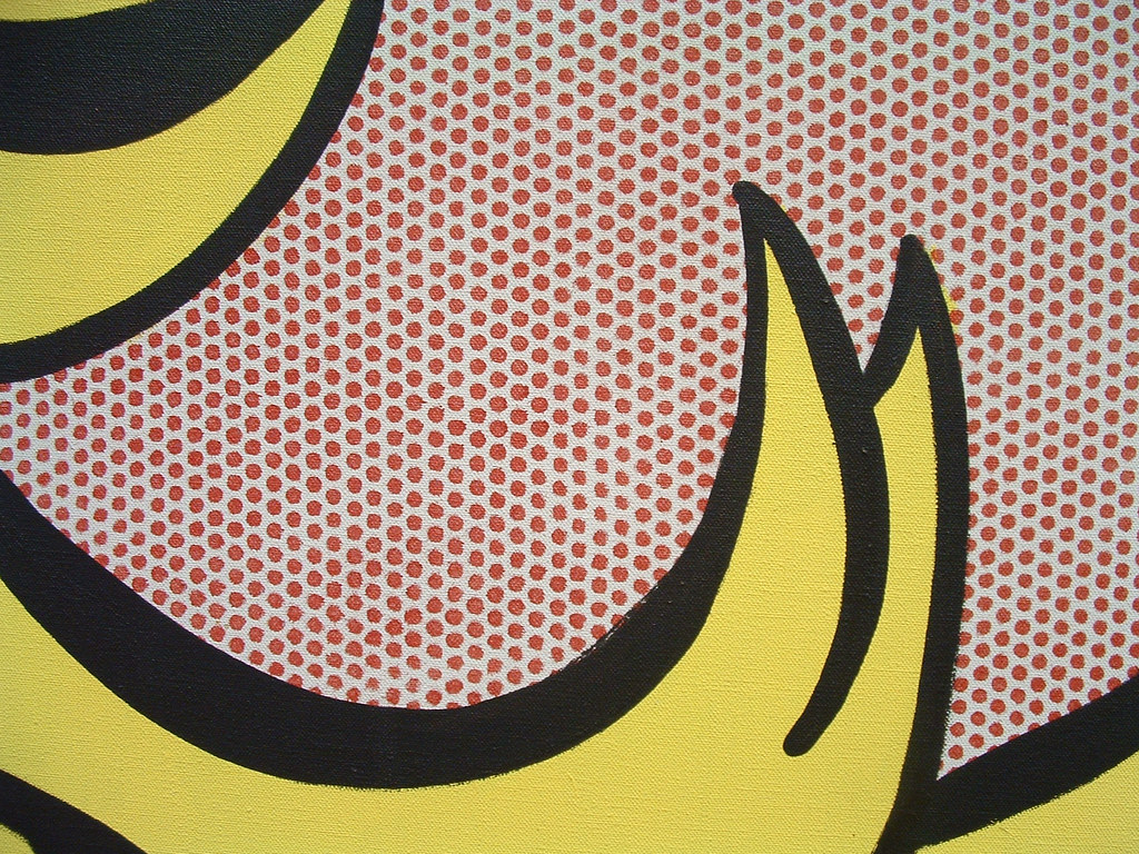 yellow curls with black lines on a background of red dots
