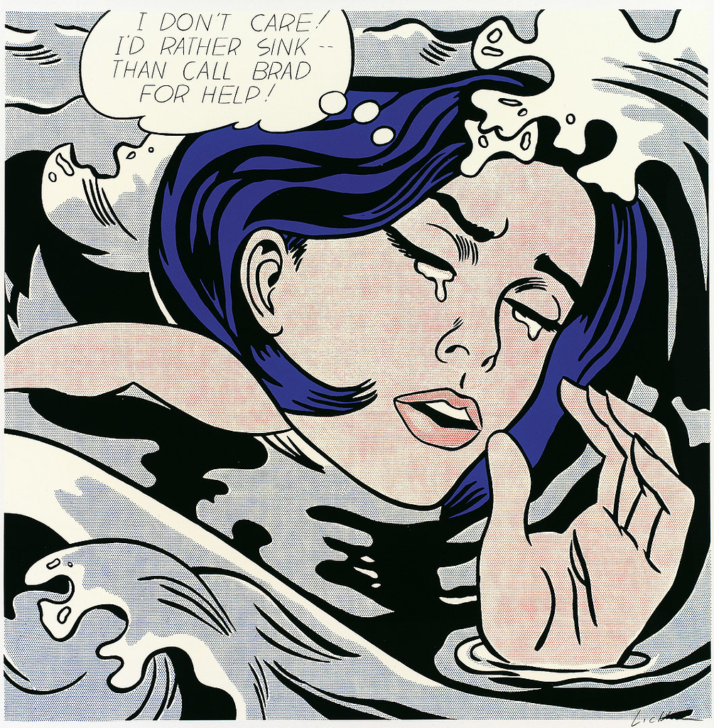 A crying woman in a sea with one hand above water