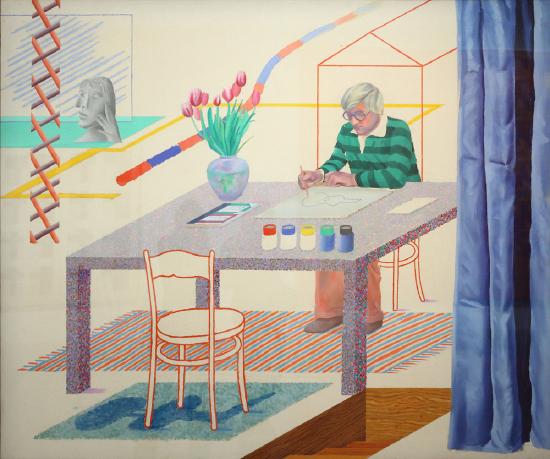 a man in a green and blue stripped shirt sitting at a desk painting a picture in a room with blue drapes