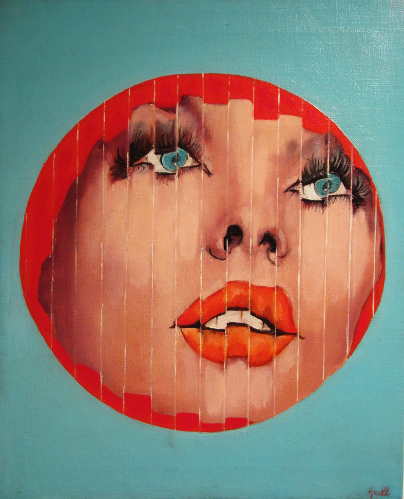 a womans face with blue eyes and red lips in a red circle