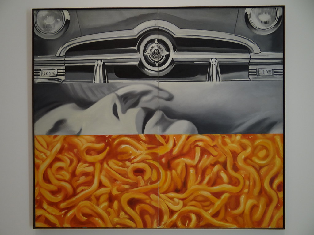 a triptych of a car, a face and spaghetti