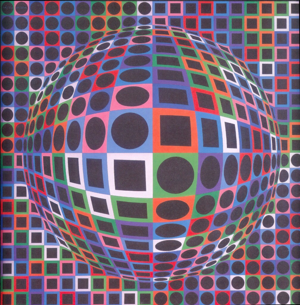 A colorful square and circle painting with a circle in the very middle